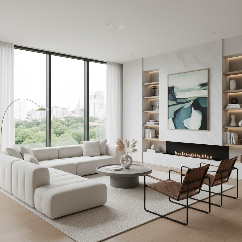 A modern living room features a large beige sectional sofa, a round grey coffee table, and two brown leather armchairs facing a linear fireplace with built-in shelving and an abstract painting above it.