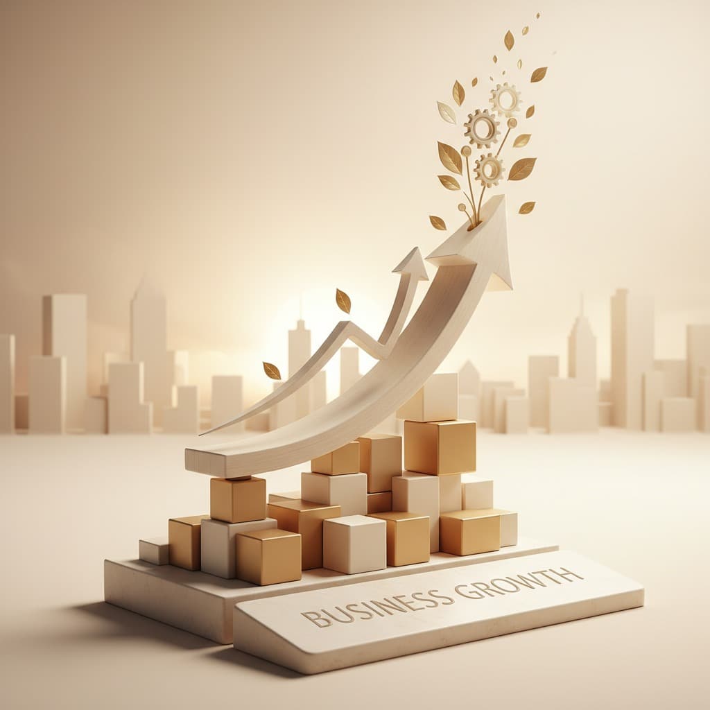 A monochromatic beige and gold 3D illustration shows stacked cubes supporting upward-pointing arrows with leaves and gears emerging from the top, set against a blurred city skyline with a plaque that reads "BUSINESS GROWTH" in the foreground.