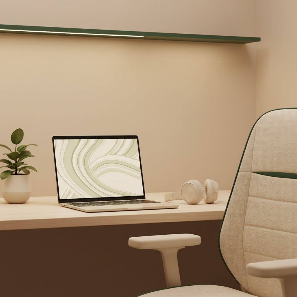 A modern desk setup features a laptop with a green abstract wallpaper, a potted plant, white headphones, and an ergonomic office chair against a neutral wall.