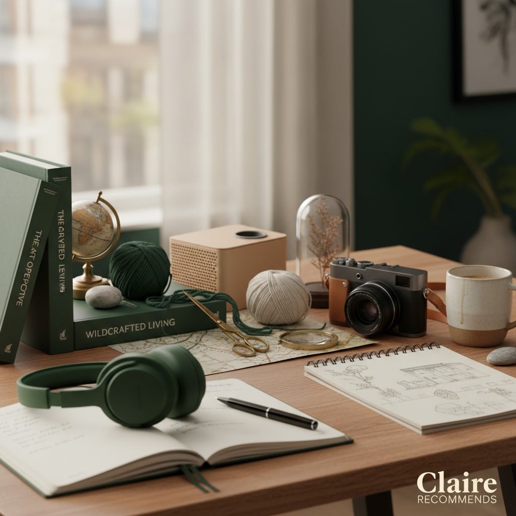 A wooden desk is cluttered with books, a vintage camera, yarn, a sketchbook, and a pair of green headphones.