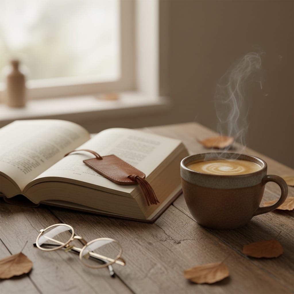 An open book with a leather bookmark, steaming mug of coffee, and glasses rest on a wooden table near a window.