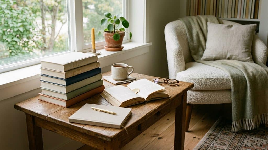 Quiet evening reading scene with an open book and tea