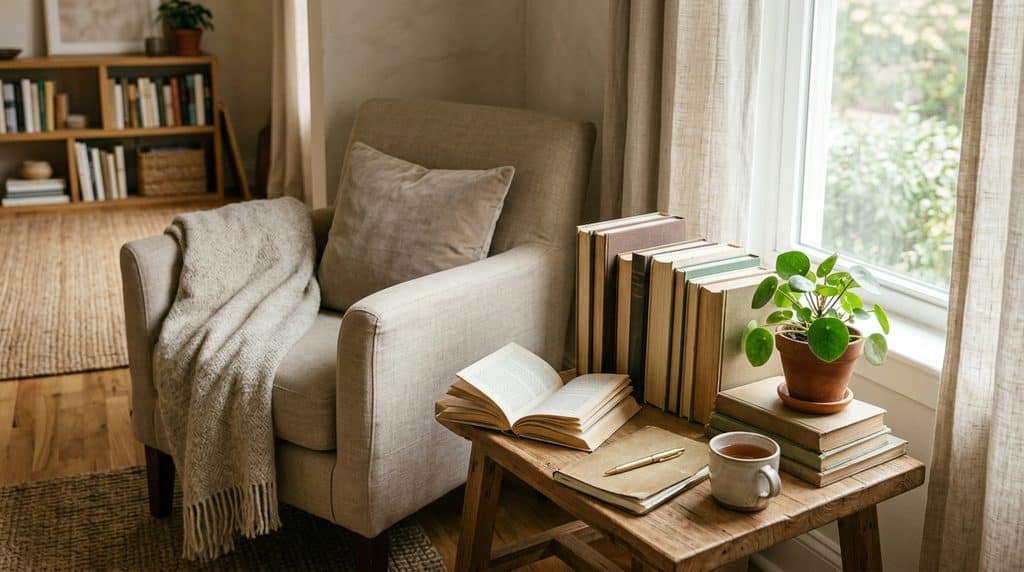 Cozy reading space with books and a cup of tea