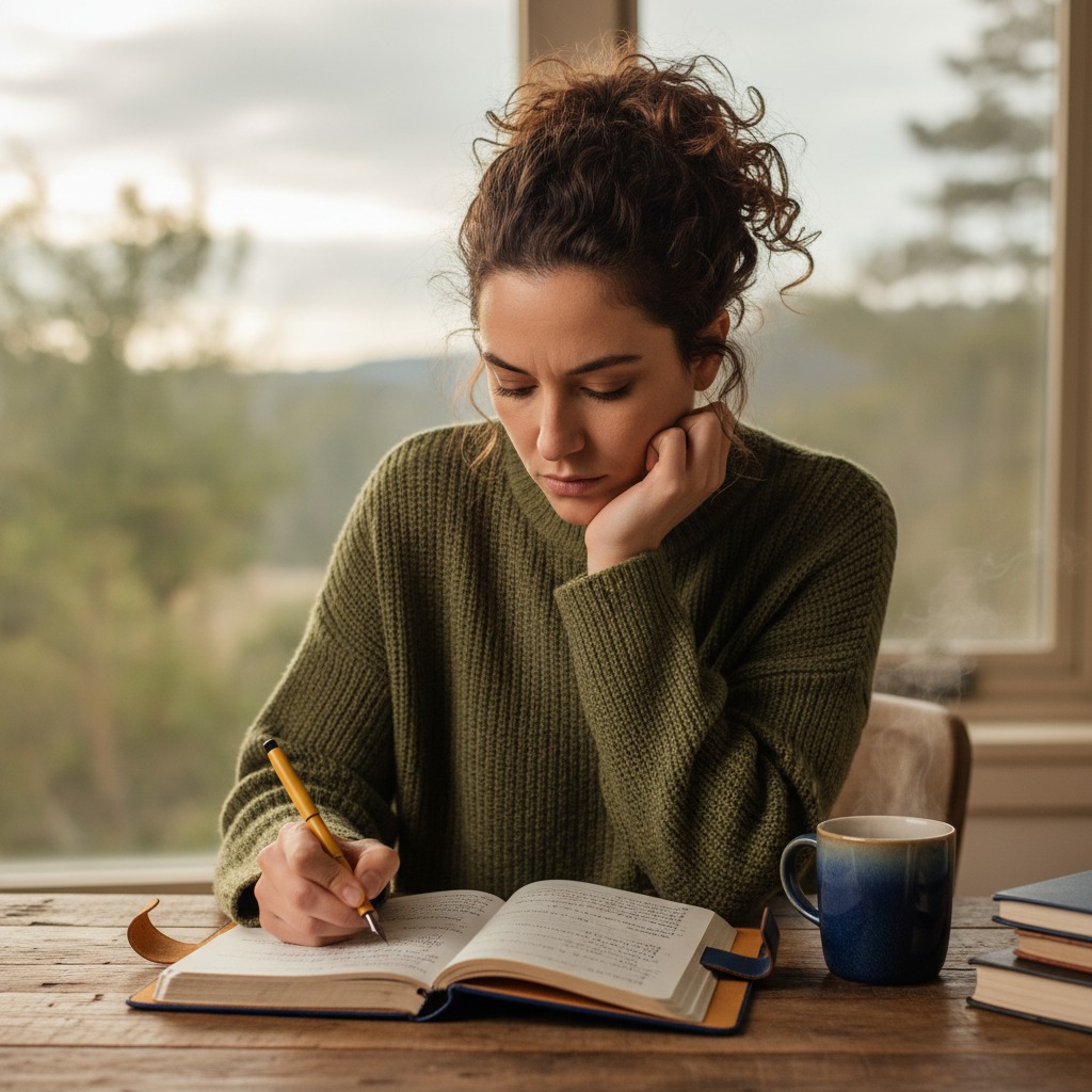 A woman with curly brown hair wearing a green sweater sits at a wooden table, writing in an open notebook with a pen next to a steaming mug and stacked books.
